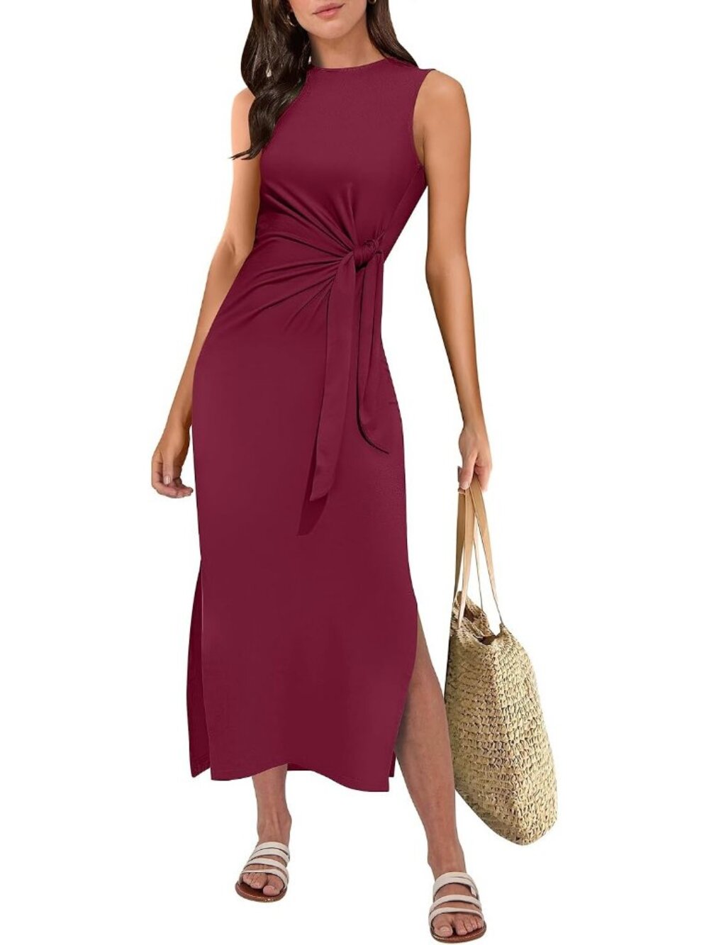 Women's Burgundy Sleeveless Crew Neck Tie Waist Split Tank Summer Midi Dress